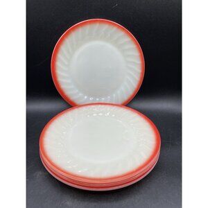 Fire King Red/Orange Sunrise Swirl Ivory 4 Salad Lunch Glass Plates Dishes